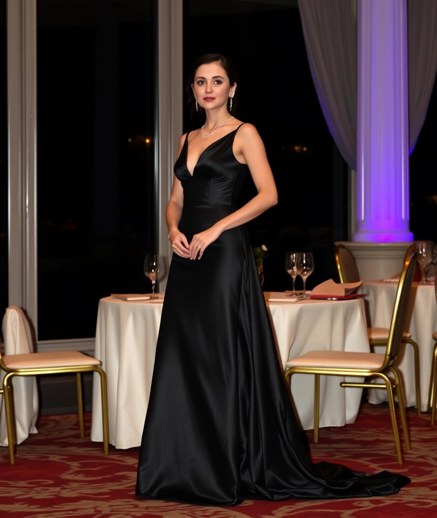 Come vestirsi per una cena formale 1 Un elegante abito lungo nero perfetto per una cena formale con dress code black tie. Raffinato, sofisticato e senza tempo, ideale per un evento di gala o una serata esclusiva.