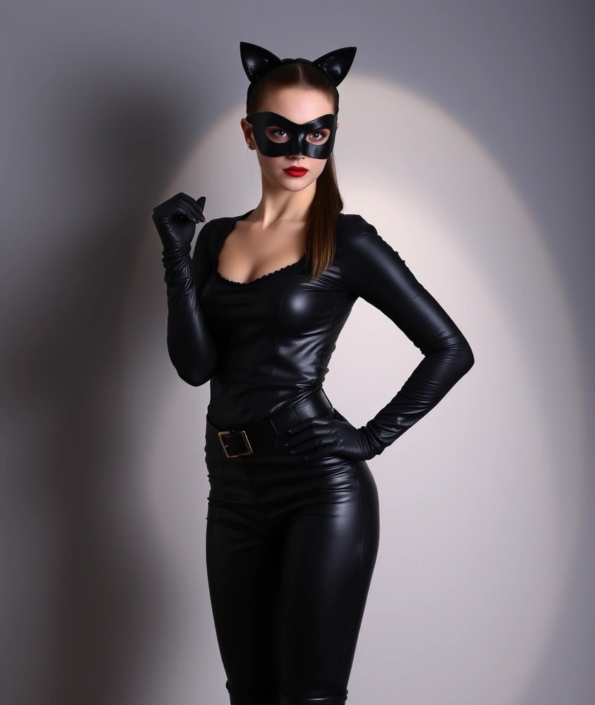 6 idee per un costume di carnevale donna meraviglioso e chic 2 Donna con costume di carnevale di Catwoman con un body aderente in pelle nera, stivali alti, guanti in pelle, cintura nera con fibbia dorata, orecchie da gatto, maschera nera sugli occhi e rossetto rosso. Completa il look una coda di cavallo liscia e dettagli metallici eleganti.
