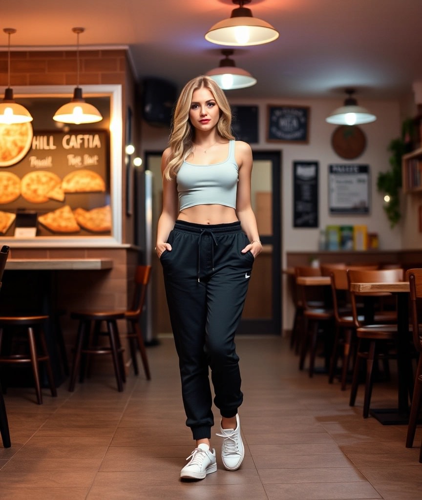 Look sporty-cool per andare a mangiare una pizza: joggers neri, crop top chiaro e sneakers bianche