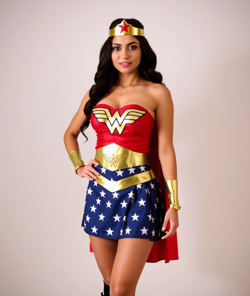 6 idee per un costume di carnevale donna meraviglioso e chic 5 Donna con un costume da Wonder Woman composto da un top rosso con il logo dorato, una cintura metallica dorata, una gonna blu con stampa a stelle bianche, un mantello rosso, bracciali dorati e una tiara con una stella rossa. I capelli scuri sono acconciati in morbide onde, completando il look iconico.