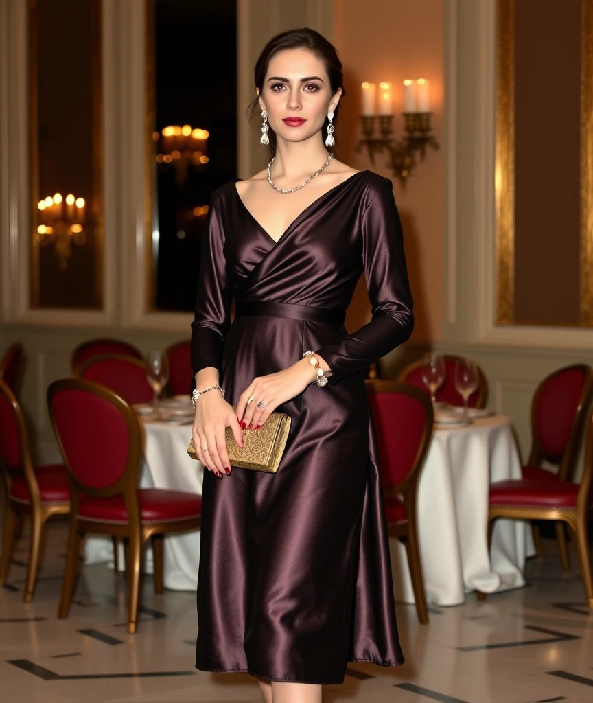 Come vestirsi per una cena formale 5 Un raffinato abito midi in seta con maniche lunghe, ideale per una cena formale. Elegante e avvolgente, dona un tocco di classe senza tempo.