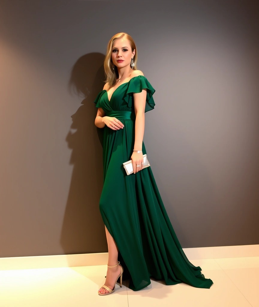 Donna che indossa un abito lungo verde smeraldo con cintura in raso e maniche leggere, completato da sandali nude, una clutch argentata e orecchini pendenti, perfetto per un evento serale elegante. Colori da indossare la sera







