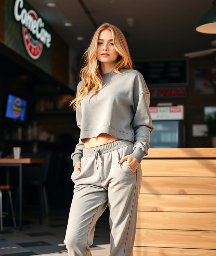 Outfit streetwear per andare a mangiare una pizza: tuta grigia in coordinato con felpa cropped