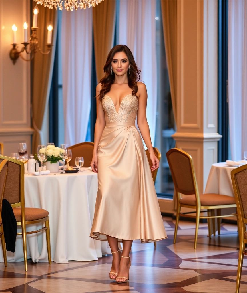 Come vestirsi per una cena formale 2 Un abito midi color champagne con dettagli in pizzo, perfetto per una cena formale con dress code cocktail. Eleganza e femminilità si incontrano in questo look raffinato e moderno