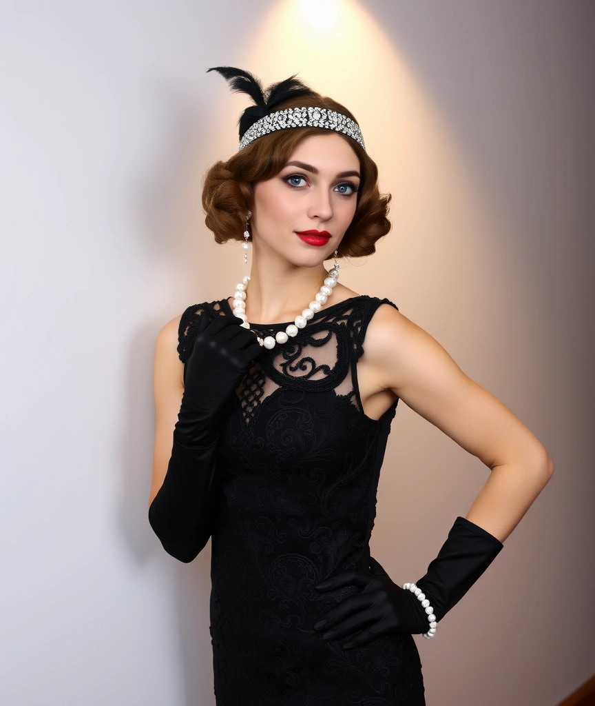 6 idee per un costume di carnevale donna meraviglioso e chic 6 Donna vestita con un abito nero ricamato in stile anni '20, indossa una collana di perle, orecchini pendenti, guanti lunghi neri e un cerchietto decorato con strass e piume nere. I capelli sono acconciati in un'elegante pettinatura a onde retrò, con labbra rosso intenso a completare il look