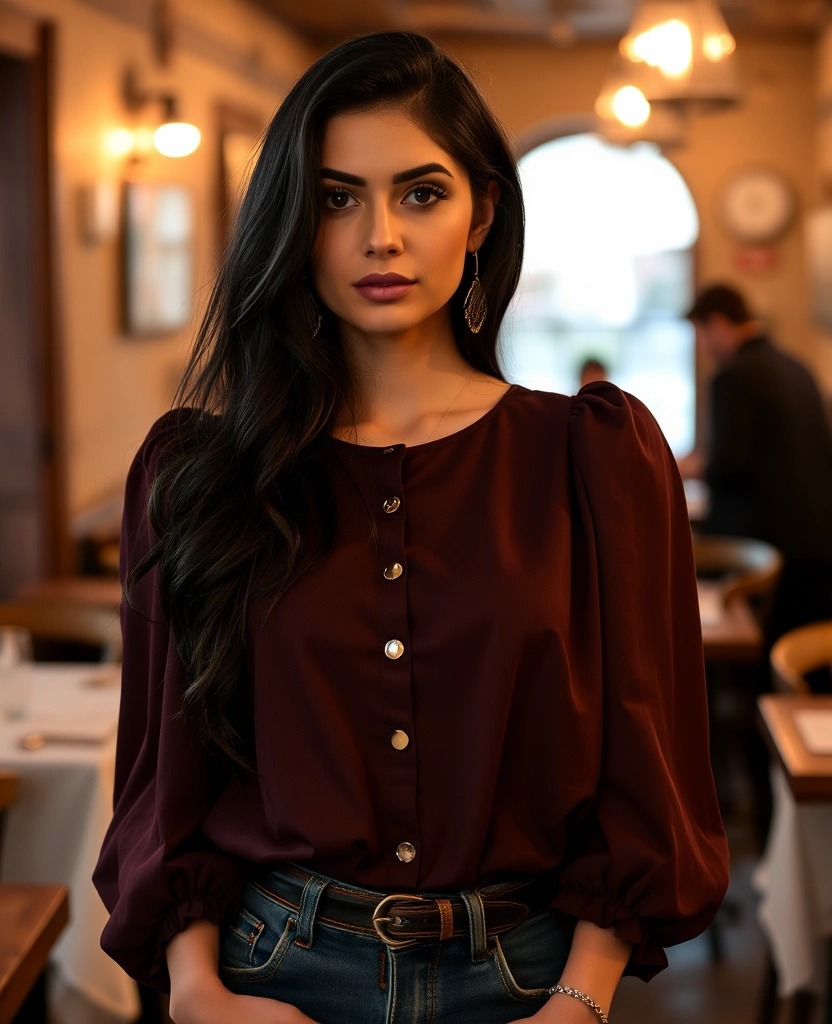 Eleganza casual con una blusa color borgogna dalle maniche a sbuffo e dettagli raffinati, abbinata a jeans e cintura in pelle. Un outfit chic e senza tempo per una serata in trattoria