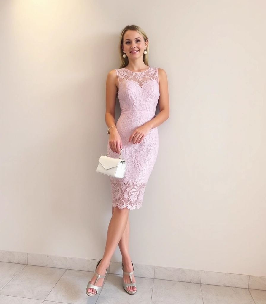 Look romantico con abito in pizzo rosa e accessori bianchi, perfetto come outfit per una serata di beneficenza delicato e raffinato