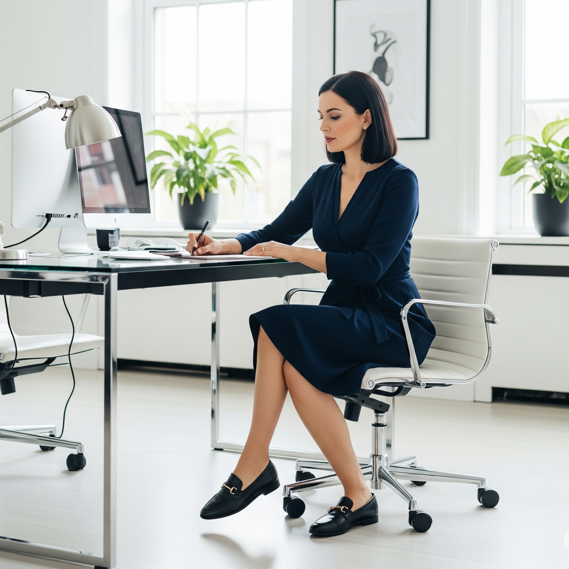 Quali scarpe abbinare a un vestito blu notte 18 Donna seduta alla scrivania in un ufficio moderno, indossa un elegante abito blu notte e mocassini neri. Il suo look è professionale, ideale per un contesto lavorativo.