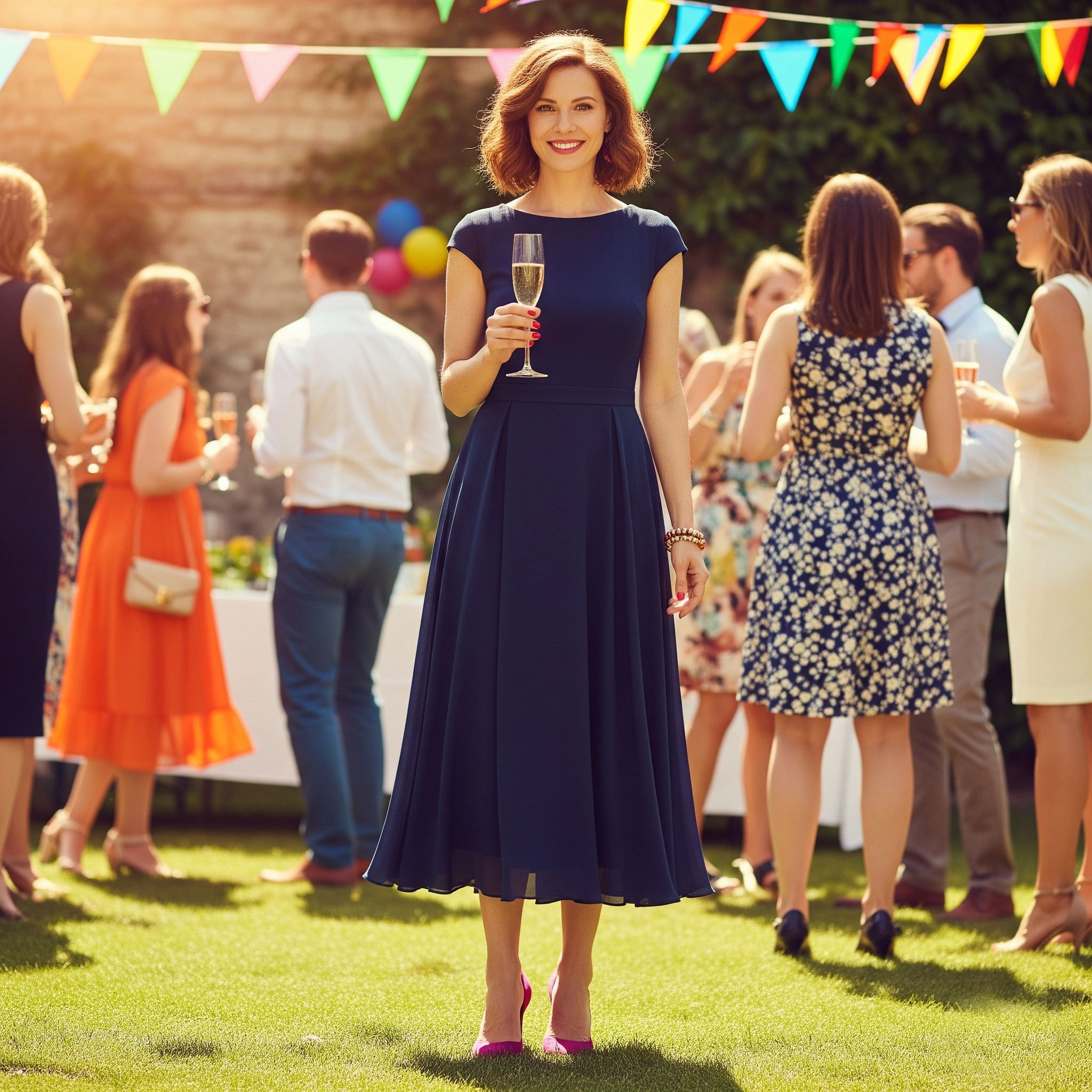 Quali scarpe abbinare a un vestito blu notte 13 Una donna sorridente con un vestito blu notte al ginocchio e scarpe décolleté fucsia posa frontalmente a una festa estiva in giardino.