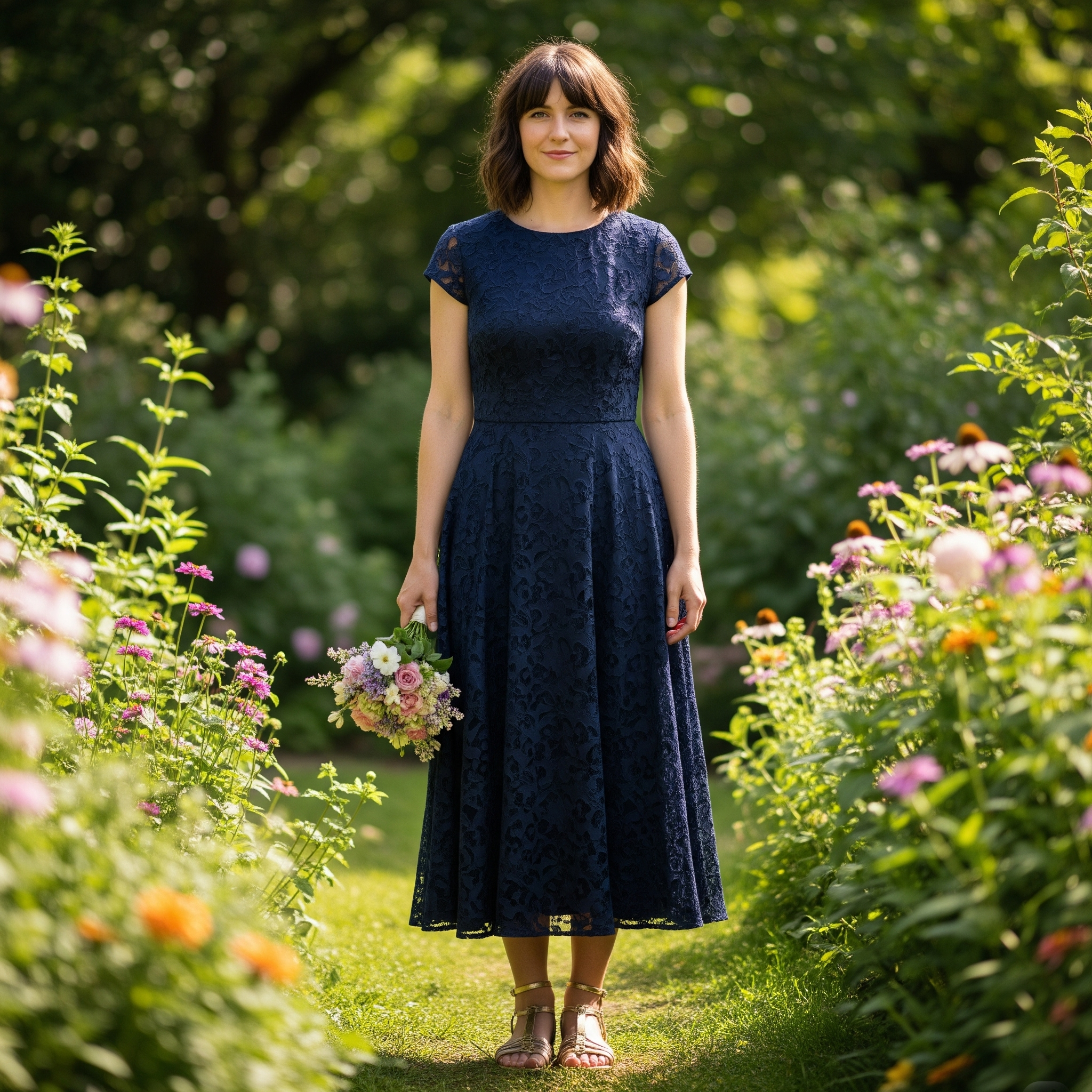 Quali scarpe abbinare a un vestito blu notte 14 Una donna con un vestito blu notte al ginocchio e sandali gioiello dorati posa sorridente in un giardino fiorito. Il look è elegante e perfetto per una cerimonia all'aperto. L'abito blu notte è abbinato a sandali con tacco basso, ideali per un evento in giardino.
