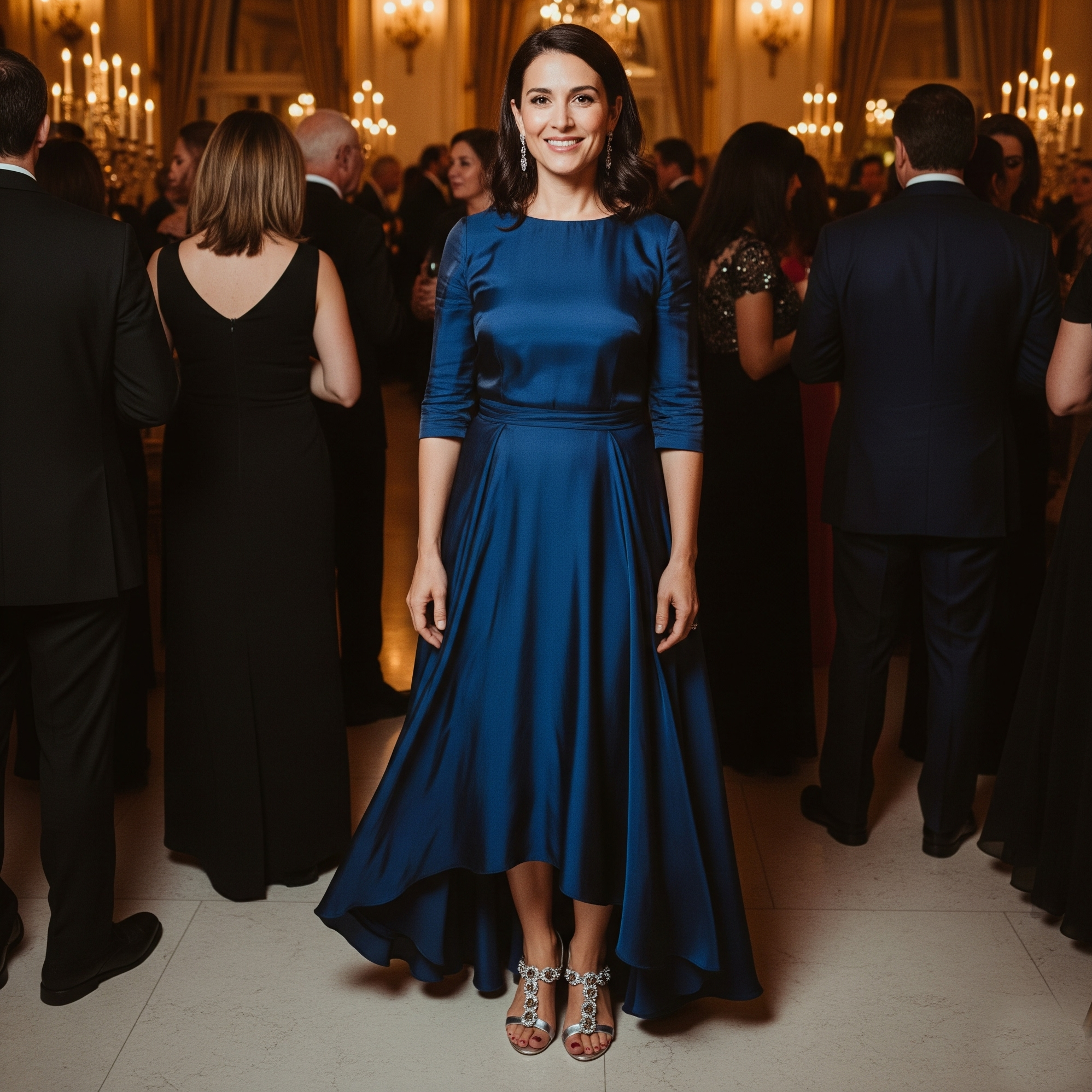 Quali scarpe abbinare a un vestito blu notte 5 Una donna sorridente indossa un lungo vestito blu notte in raso e dei sandali gioiello argento, posando frontalmente a una festa elegante.
