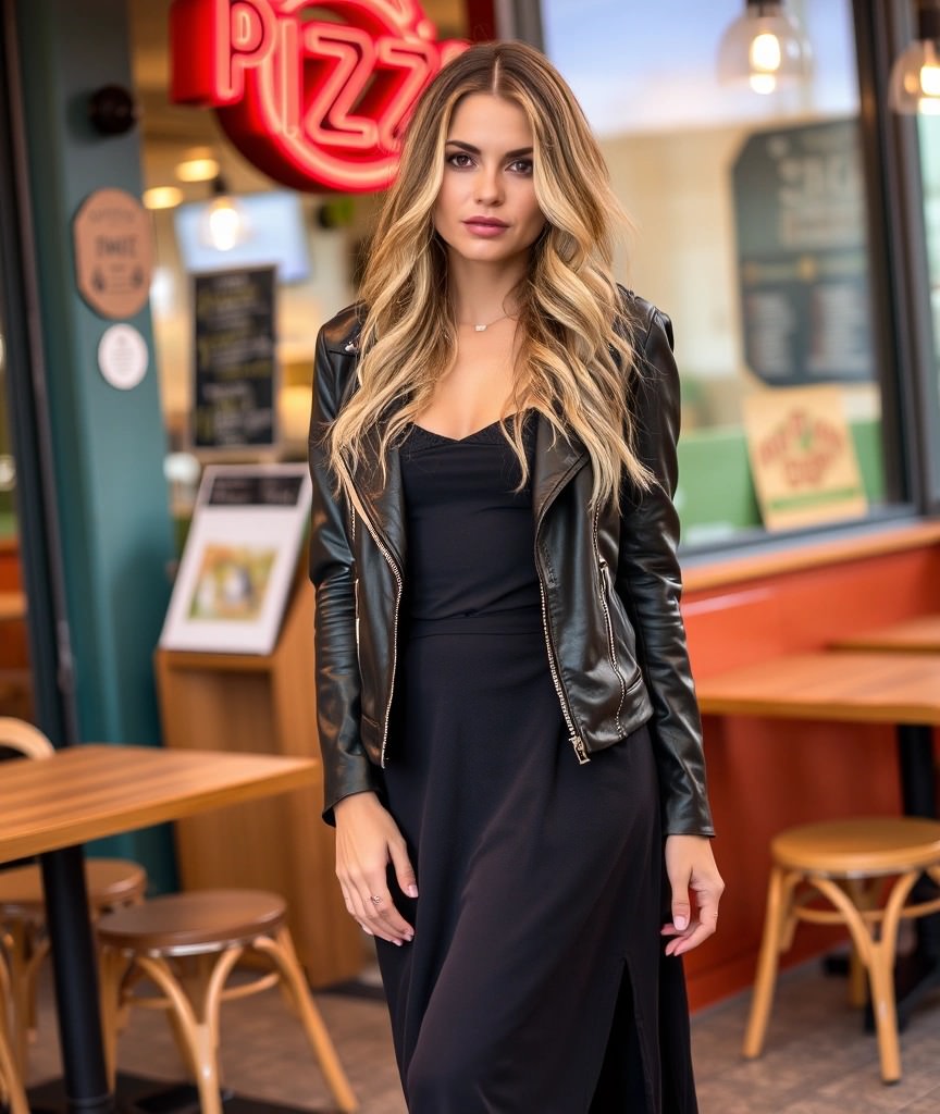 Look rock chic per andare a mangiare una pizza: vestito nero con spacco e giacca di pelle per un tocco grintoso