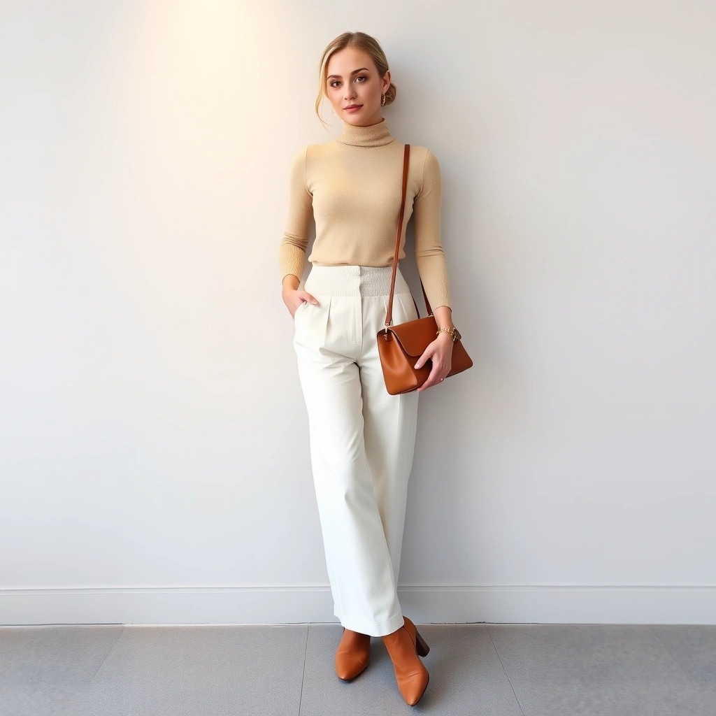 Outfit per un pranzo con i suoceri: eleganza, comfort e un pizzico di strategia 5 Donna che indossa un maglioncino beige a collo alto, pantaloni palazzo crema, stivaletti taupe e una borsa a tracolla color cuoio, ideale per un look raffinato e accogliente durante un pranzo con i suoceri.