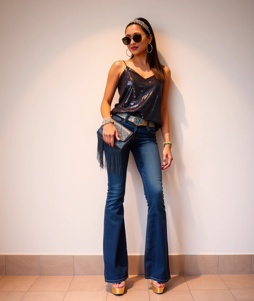 6 idee per un costume di carnevale donna meraviglioso e chic 3 Donna con un look anni '70 composto da un top nero di paillettes, jeans a zampa, tacchi a piattaforma dorati, una borsa a tracolla con frange, occhiali da sole oversize, orecchini a cerchio, un cerchietto scintillante e accessori dorati