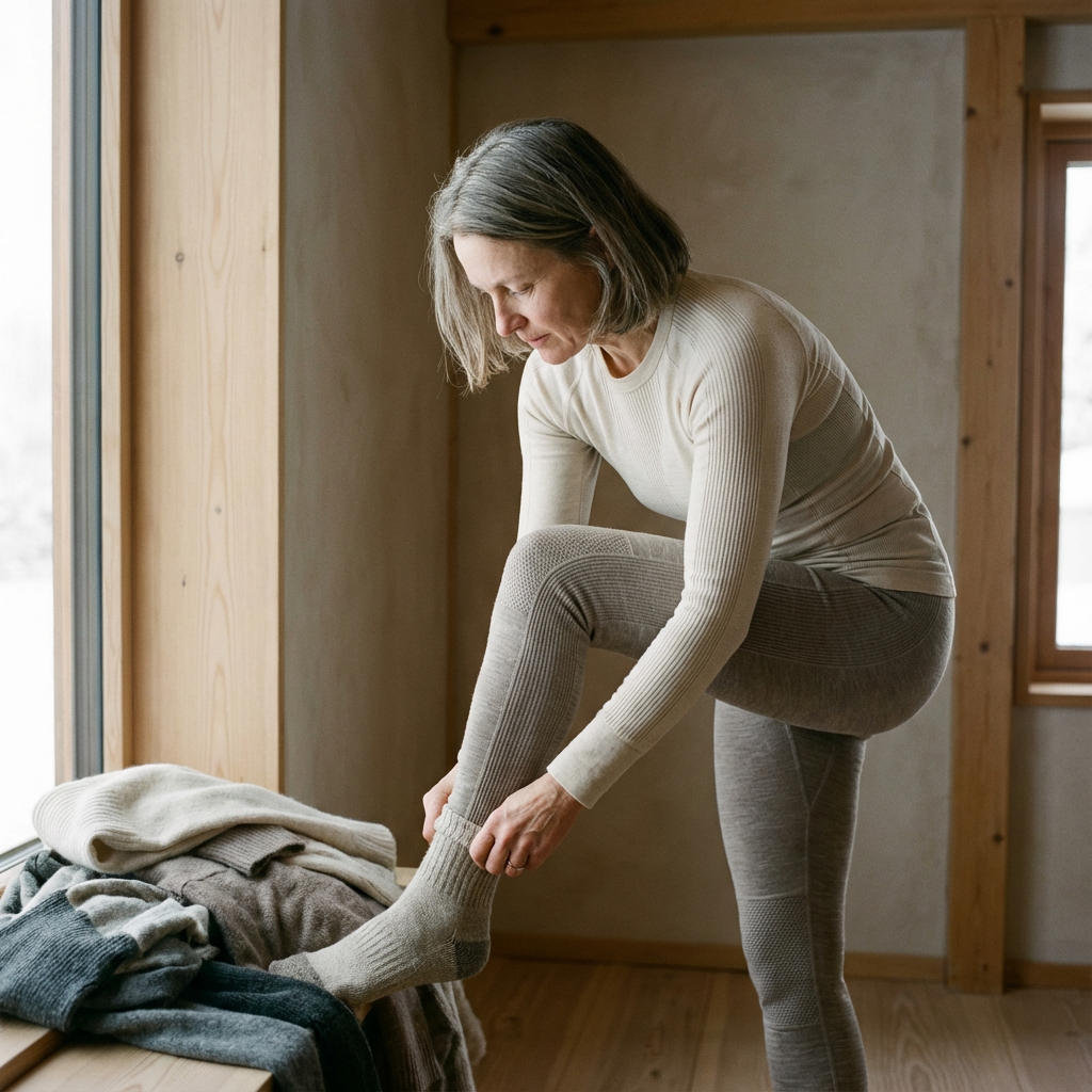 Come vestirsi con temperature sotto lo zero? 1 Donna che indossa intimo termico in lana mentre si prepara a vestirsi per temperature sotto lo zero, outfit caldo e tecnico per l’inverno.