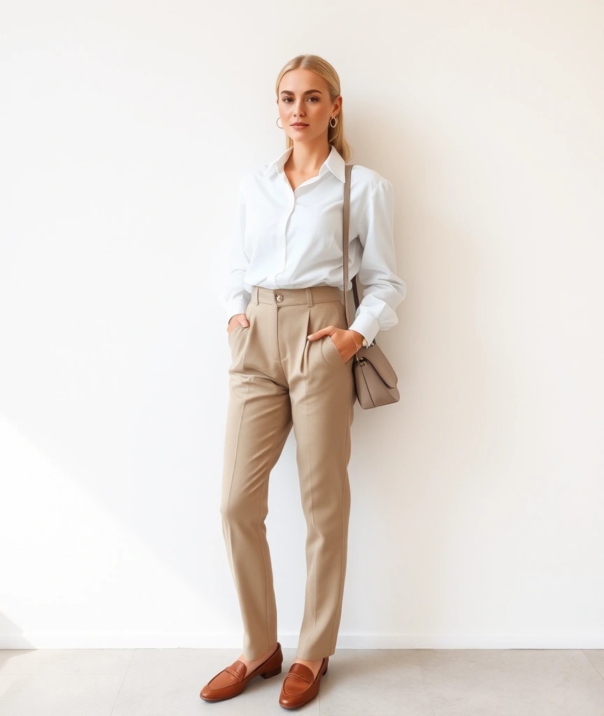 Outfit per un pranzo con i suoceri: eleganza, comfort e un pizzico di strategia 2 Donna che indossa una camicia bianca a maniche lunghe e pantaloni a vita alta beige, perfetto per un pranzo con i suoceri grazie al suo stile elegante e raffinato.