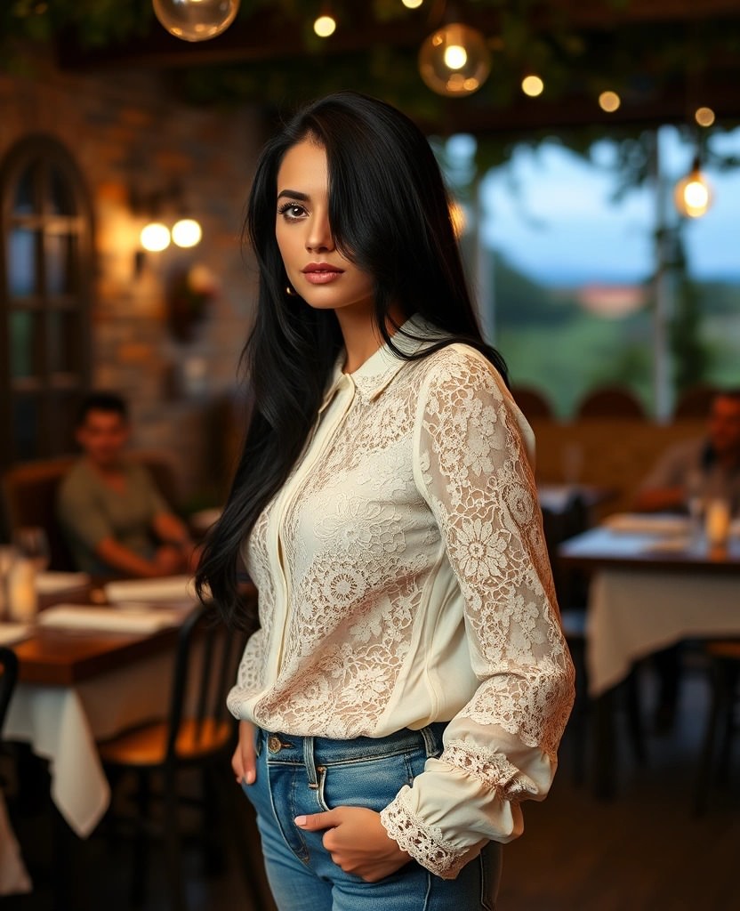Donna con una blusa in pizzo color crema e jeans a vita alta, perfetta per una cena in trattoria. L'atmosfera rustica e accogliente esalta il look romantico e femminile