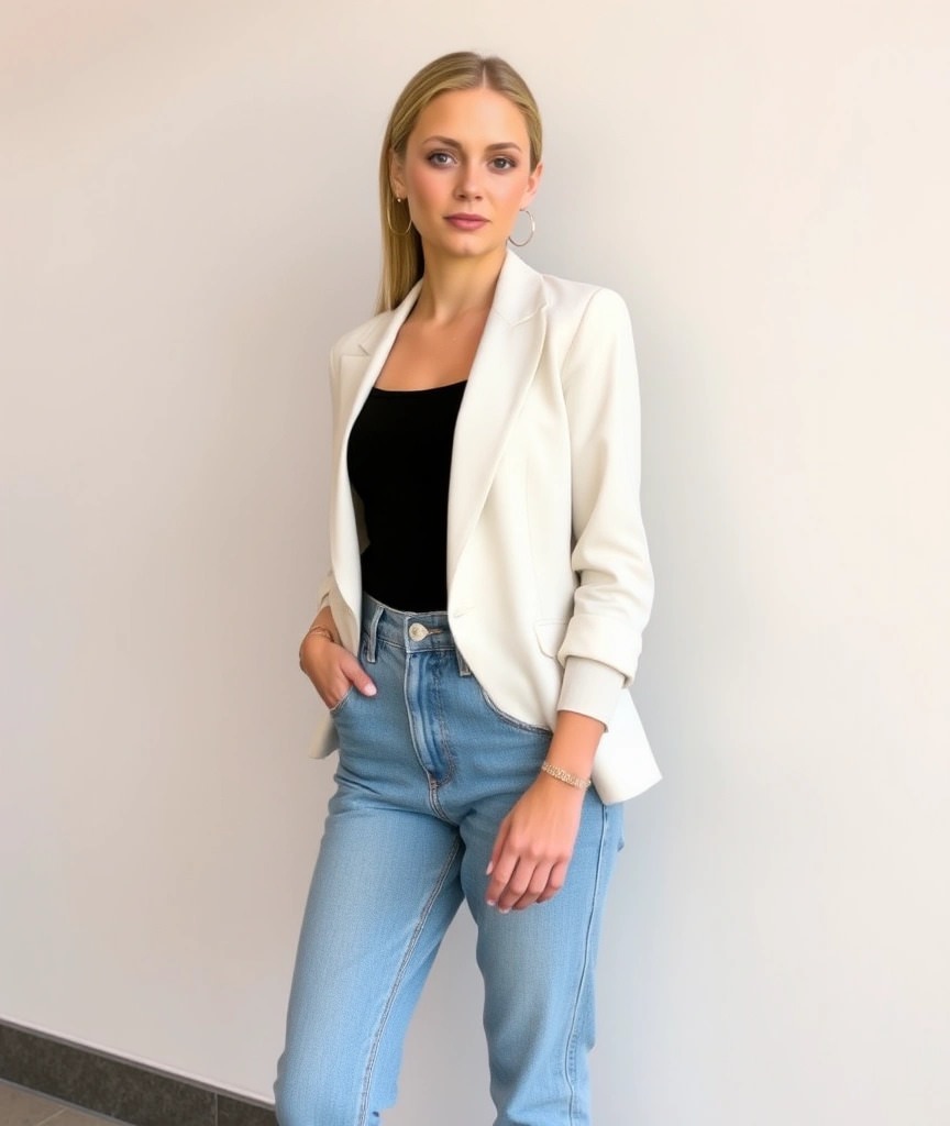 Outfit per un pranzo con i suoceri: eleganza, comfort e un pizzico di strategia 3 Donna che indossa un blazer beige su un top nero e jeans a vita alta blu, creando un outfit casual-chic ideale per un pranzo con i suoceri.