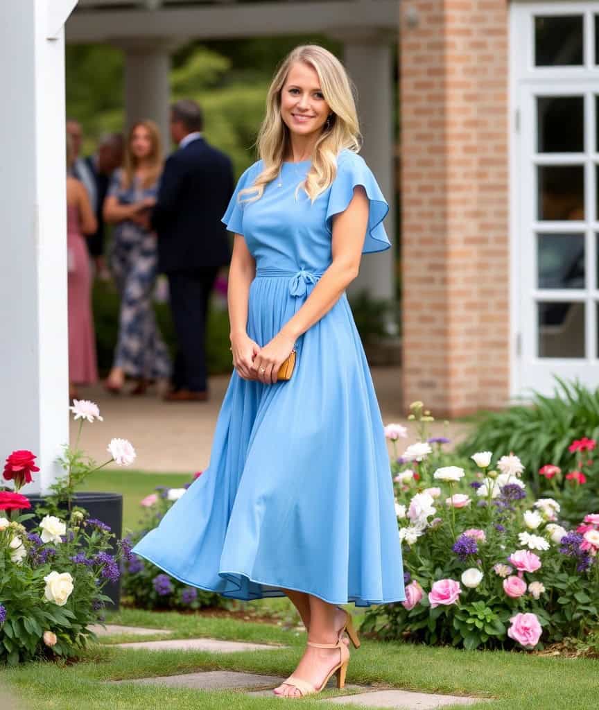 Come vestirsi per una cerimonia informale 2 Donna che indossa un abito midi azzurro con maniche a volant, completato da sandali nude e accessori discreti, in un contesto di cerimonia all'aperto