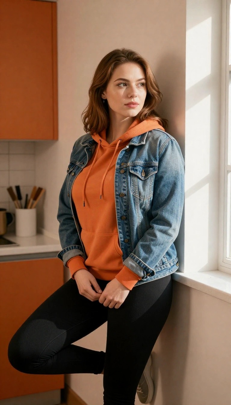 Donna con felpa arancione, giacca di jeans e leggings neri, outfit comfy da interni che abbina arancione, denim e nero