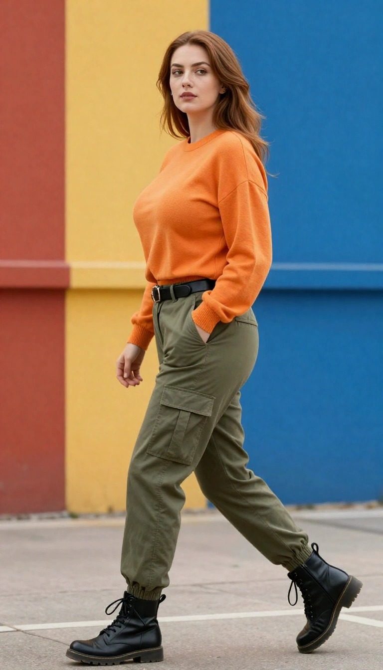 Donna con maglione arancione e pantaloni cargo verde oliva con anfibi neri, outfit casual che abbina arancione e verde kaki