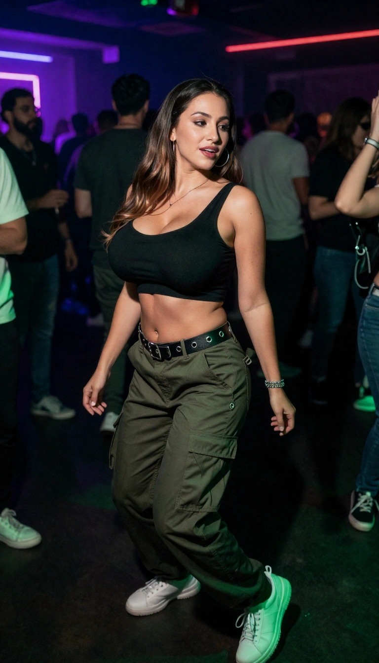 Outfit serata techno donna con crop top nero e pantaloni cargo verde militare
