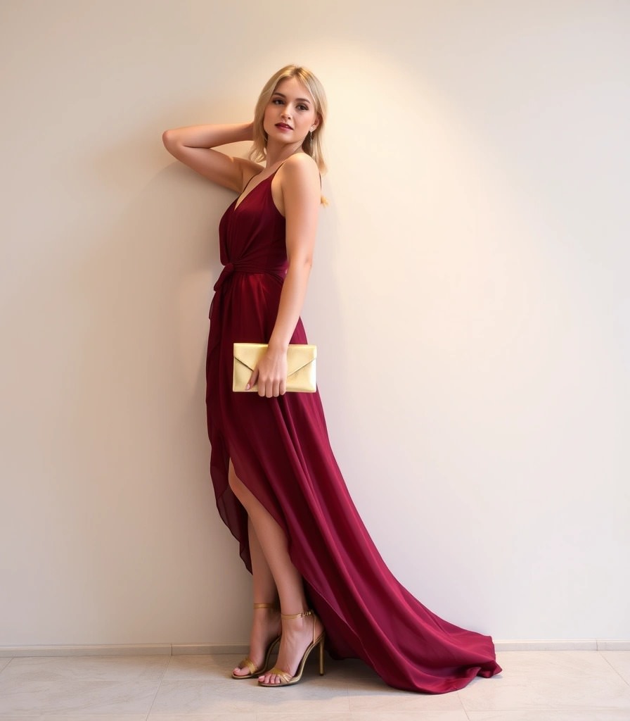 Abito lungo borgogna con clutch dorata, perfetto per creare un outfit per una serata di beneficenza elegante e femminile.
