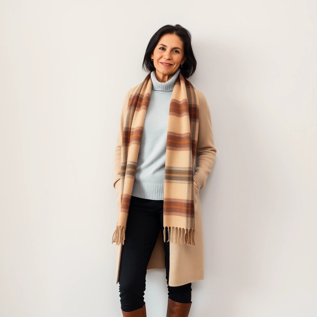 Come Vestirsi a 60 Anni per Sembrare Più Giovani 5 Donna di 60 anni che indossa un dolcevita grigio chiaro, un cardigan beige lungo, pantaloni neri, stivali marroni e una sciarpa a quadri in tonalità calde, in posa con uno stile elegante e giovanile.