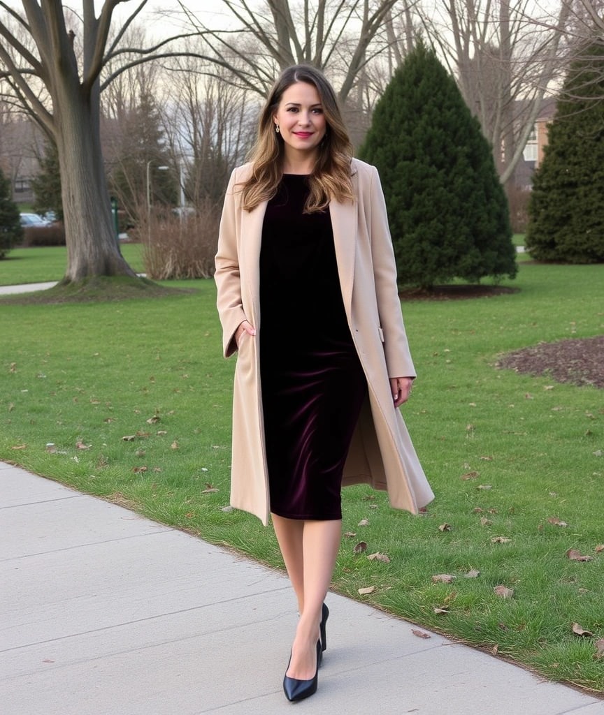 Outfit chic per la mezza stagione: abito in velluto nero midi con cappotto beige e décolleté nere.