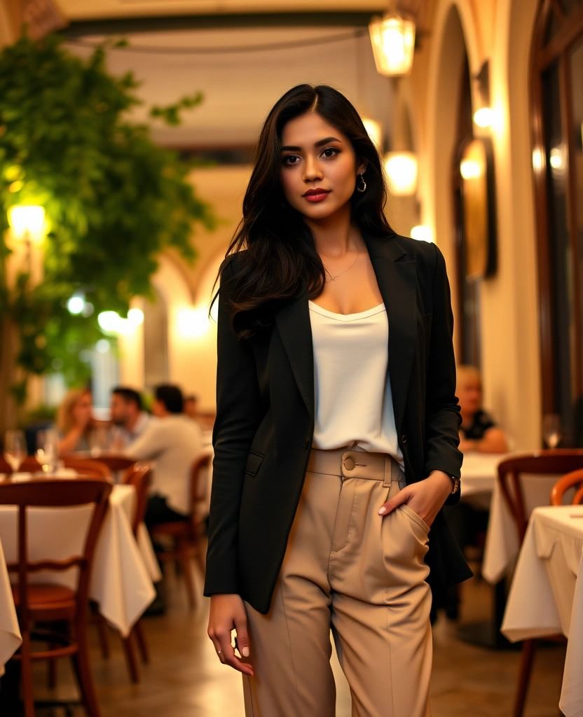 Eleganza senza sforzo con un blazer nero dal taglio sartoriale, abbinato a pantaloni morbidi color beige e una canotta bianca. Un look raffinato ma rilassato, perfetto per una cena in trattoria con un tocco di classe.