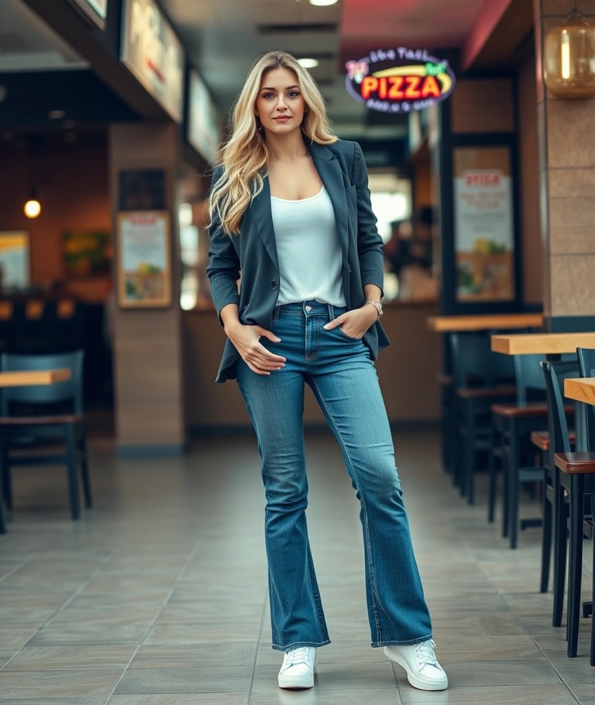 Come vestirsi per andare a mangiare una pizza 37 Donna con outfit casual chic per andare a mangiare una pizza: blazer nero, top bianco, jeans a zampa e sneakers bianche