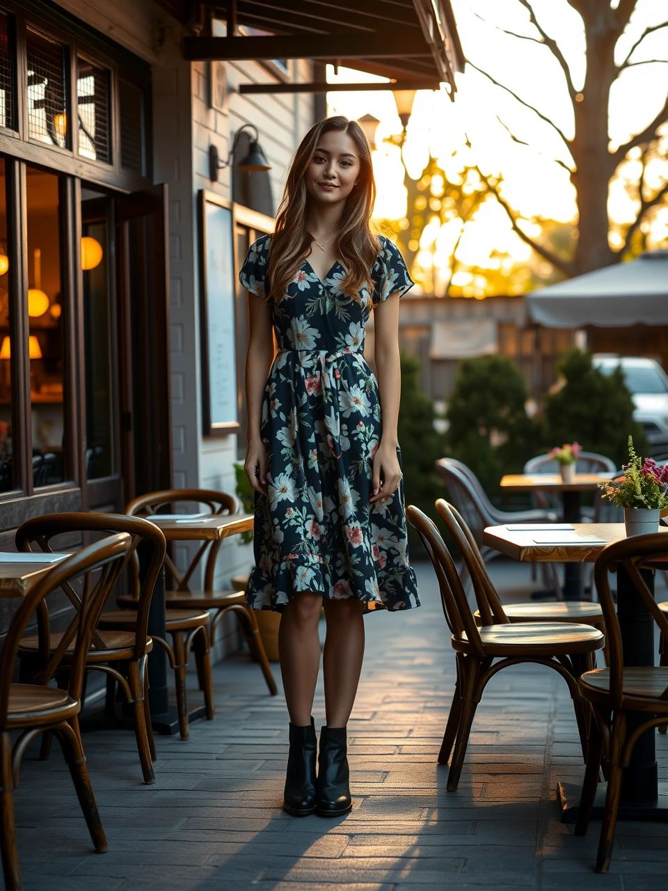 Una giovane donna con un abito midi floreale e stivaletti neri si trova davanti a un'accogliente caffetteria all'aperto, pronta per un pranzo della domenica