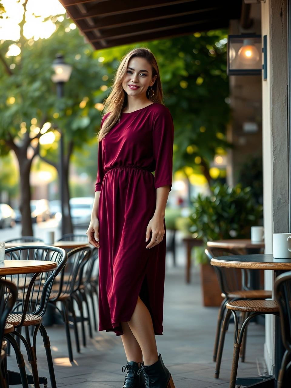 Una donna elegante in un abito midi burgundy con maniche lunghe e stivaletti neri sorride mentre si gode un rilassante pranzo della domenica in un caffè all'aperto, circondata dal verde.