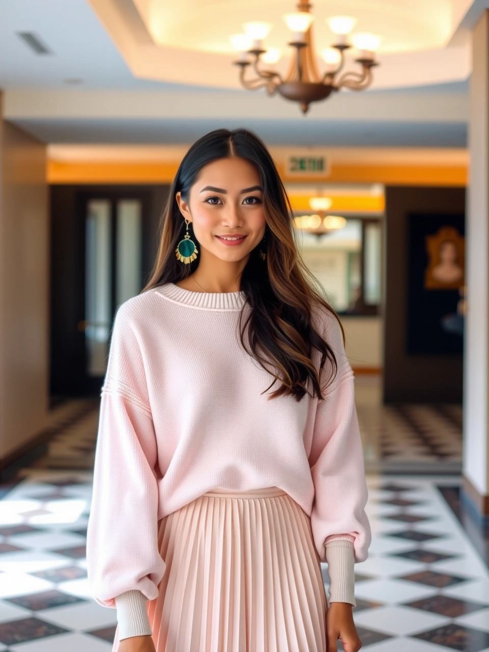 Una giovane donna con un maglione oversize rosa e una gonna plissettata abbinata sorride luminosa in un elegante ristorante, pronta per un raffinato pranzo della domenica.