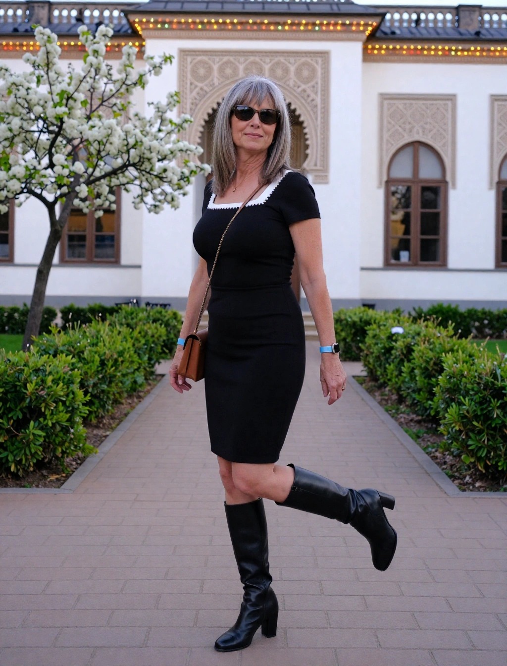Outfit elegante per Copenaghen con abito nero midi e stivali con tacco, perfetto per primavera