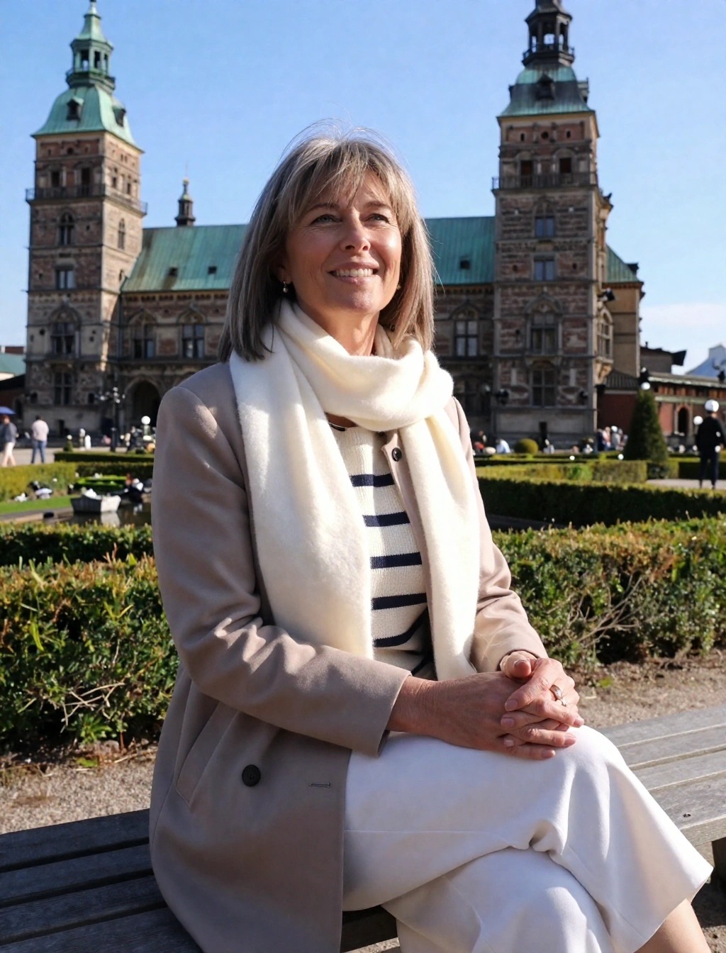 Donna con cappotto cammello, sciarpa bianca e maglione a righe davanti al Castello di Rosenborg a Copenaghen, outfit primaverile