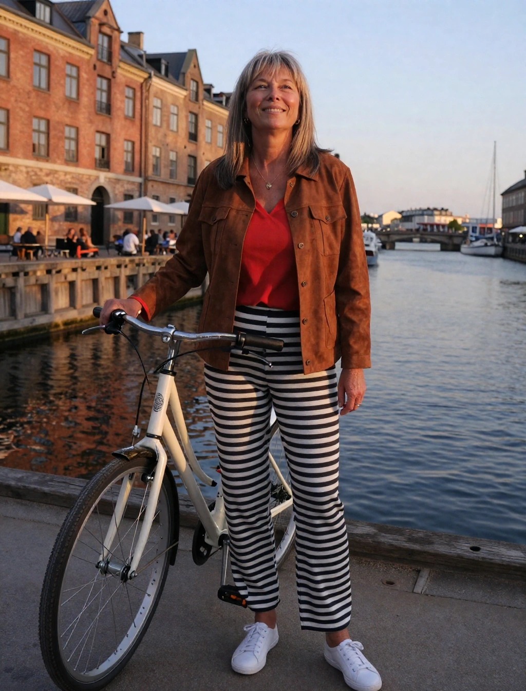 Donna in bici a Copenaghen con giacca scamosciata, top rosso e pantaloni a righe, outfit estivo pratico