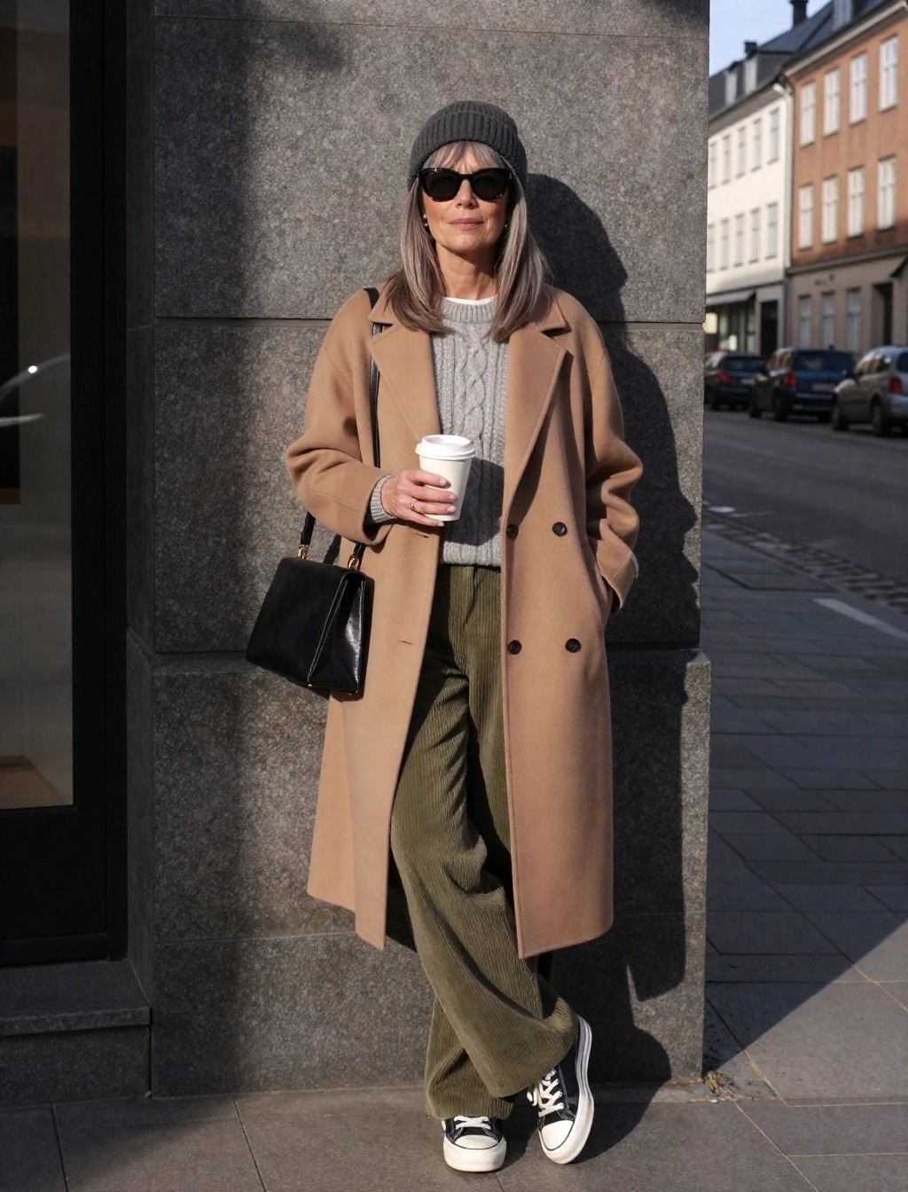 Look invernale a Copenaghen con cappotto cammello lungo, maglione a trecce, pantaloni a palazzo e sneakers