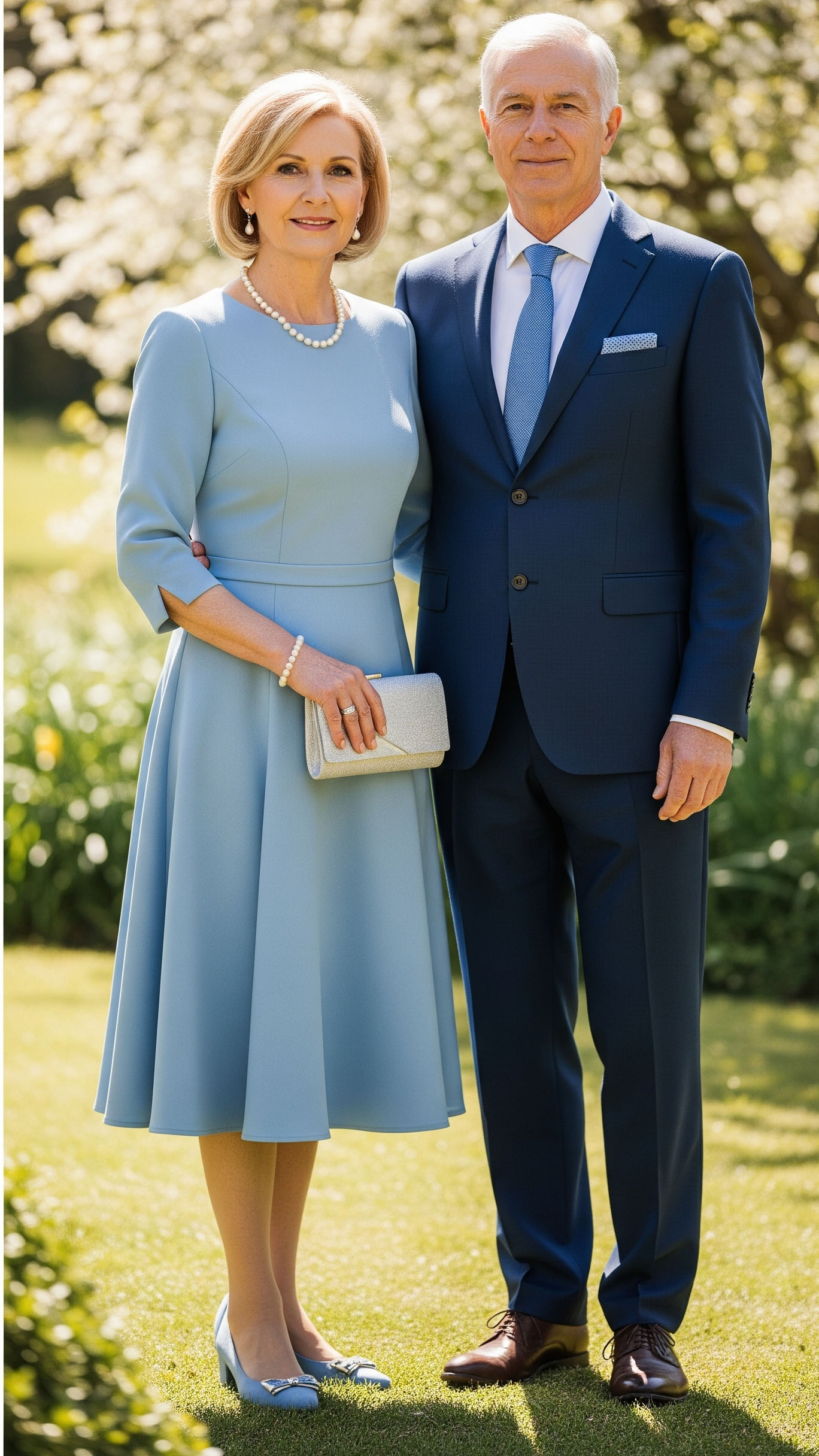 Coppia elegante di 60 anni per un battesimo: la donna indossa un abito midi color azzurro polvere con scarpe coordinate e collana di perle, l’uomo un completo blu navy con cravatta azzurra, look raffinato e fresco.