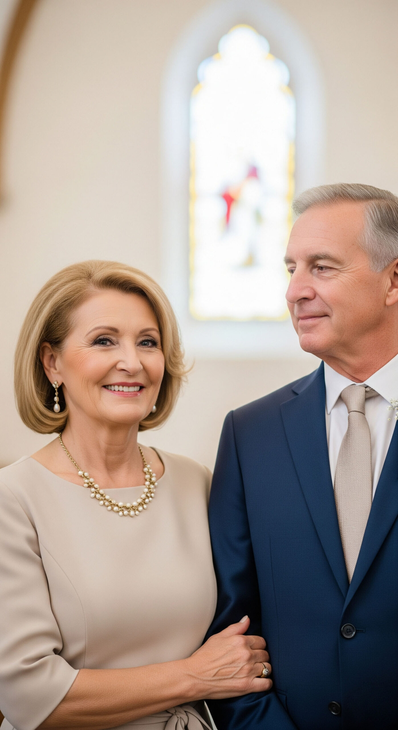 Coppia di 60 anni elegante a un battesimo: la donna indossa un abito beige chiaro con collana di perle, l’uomo un completo blu navy con cravatta beige, stile sobrio e di classe.
