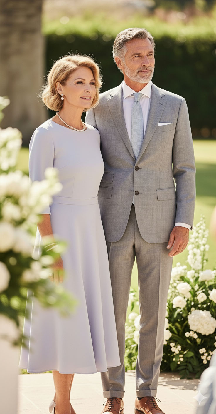 Coppia elegante di 60 anni in chiesa per un battesimo: la donna indossa un abito azzurro pastello con scarpe coordinate e collana con croce, l’uomo un completo grigio chiaro con cravatta blu navy, look sobrio e rispettoso della cerimonia.
