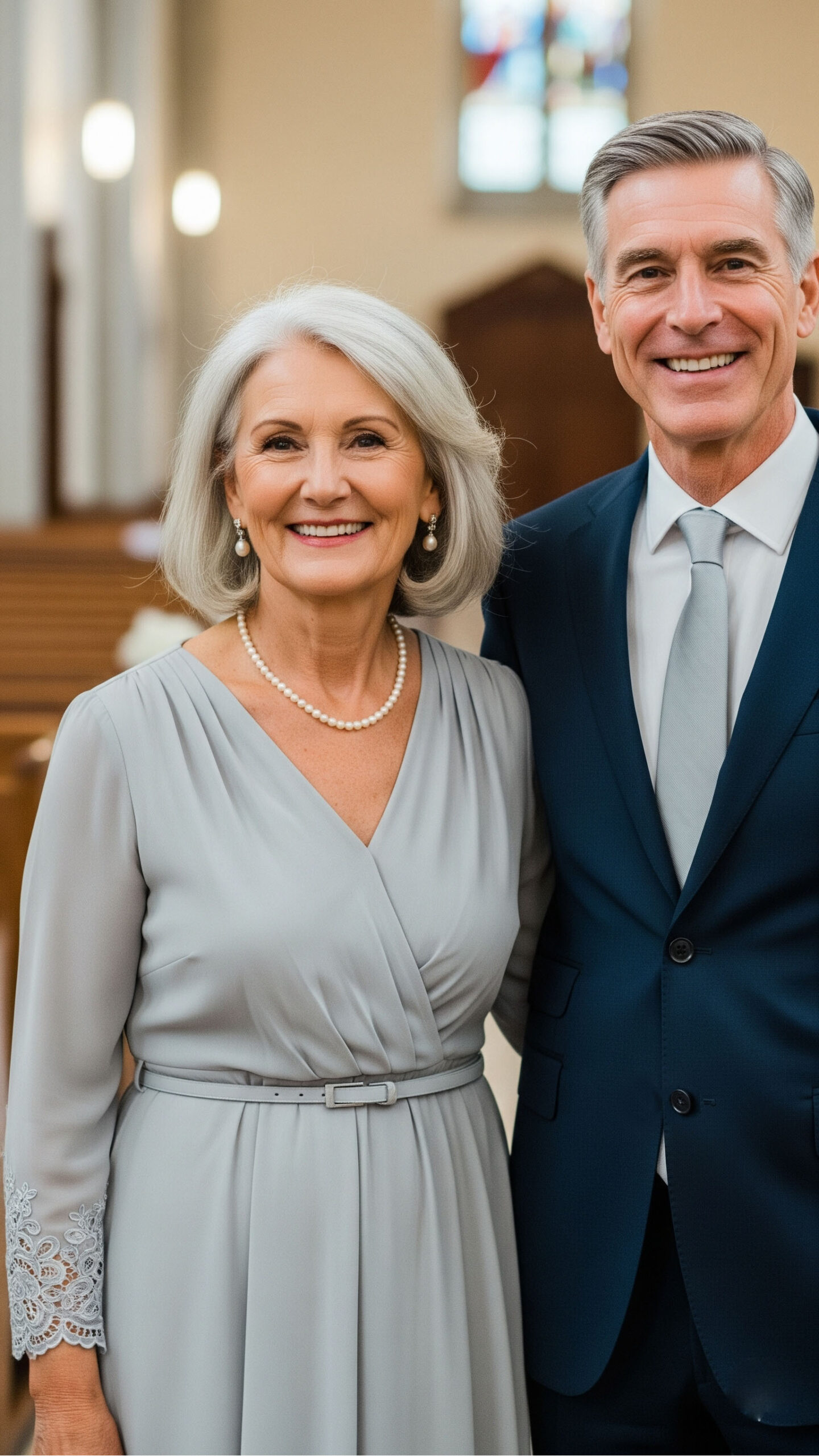 Coppia elegante di 60 anni a un battesimo in chiesa: la donna indossa un abito midi color grigio perla con cintura sottile e collana di perle, l’uomo un completo blu navy con cravatta tono su tono, stile raffinato e chic.