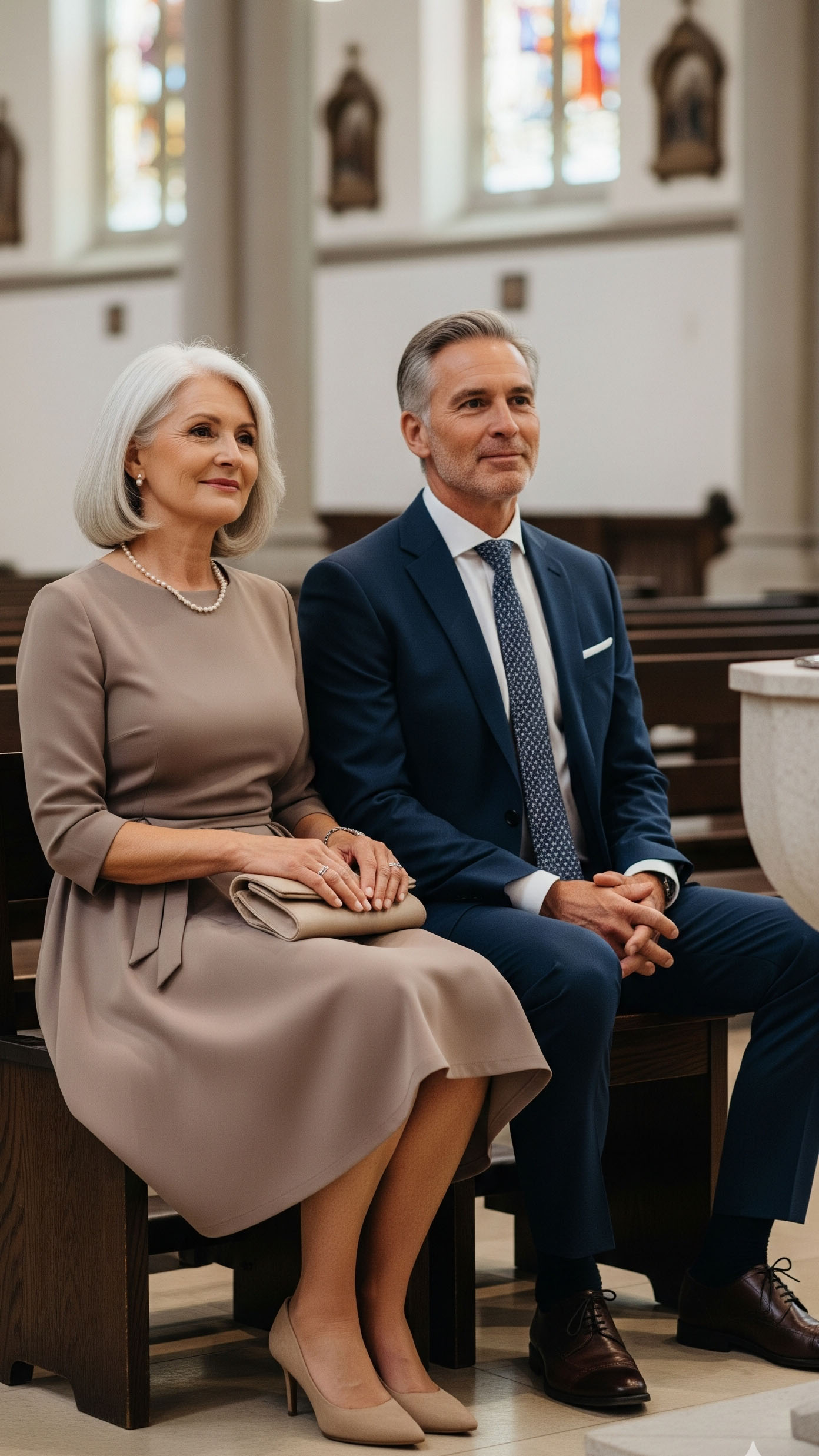 Coppia di 60 anni seduta in chiesa durante un battesimo: la donna indossa un abito color tortora con décolleté nude e clutch coordinata, l’uomo un completo blu navy con cravatta a microfantasia, look elegante e discreto.