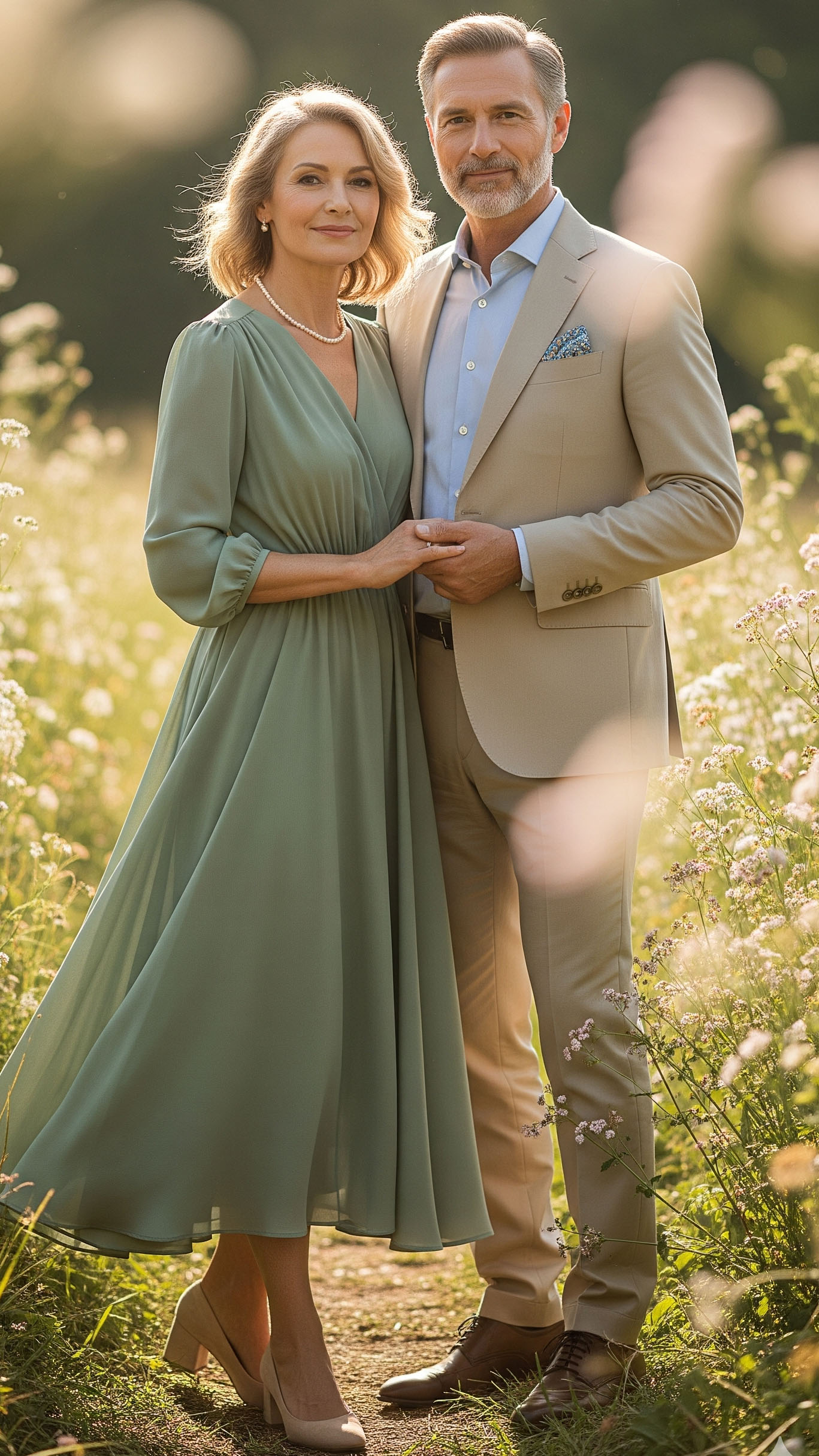 Coppia elegante di 60 anni all’aperto: la donna indossa un abito fluido color verde salvia con décolleté beige, l’uomo un completo beige con camicia chiara, look naturale e sofisticato per un battesimo.