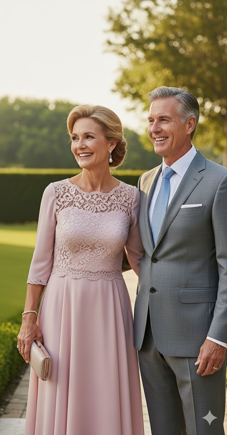 Coppia elegante di 60 anni all’aperto a un battesimo: la donna indossa un abito lungo rosa cipria con dettagli in pizzo e clutch coordinata, l’uomo un completo grigio con camicia chiara e cravatta azzurra, look raffinato e armonioso.