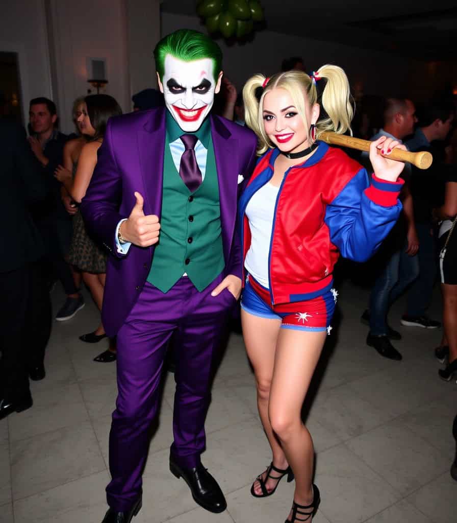 Una coppia travestita da Joker e Harley Quinn posa sorridente a una festa. L'uomo indossa un completo viola con gilet verde, camicia e cravatta, con trucco bianco e capelli verdi. La donna sfoggia un bomber rosso e blu, shorts abbinati, codini biondi e tiene una mazza da baseball sulla spalla con un sorriso malizioso.