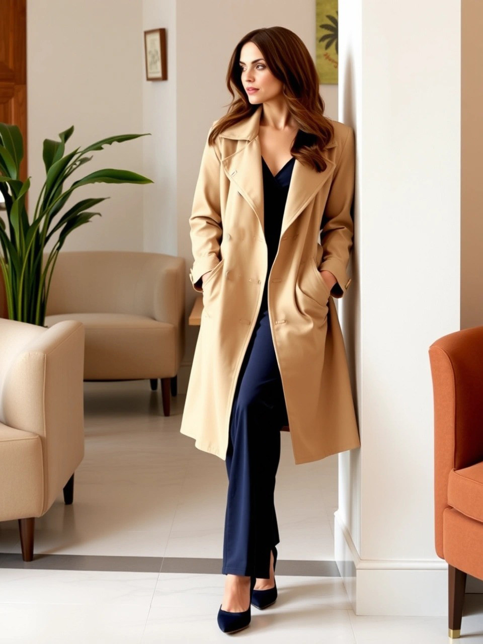 Una donna elegante con un lungo trench beige e un completo blu scuro si appoggia con stile a una parete in un raffinato ambiente interno, pronta per un pranzo della domenica sofisticato.
