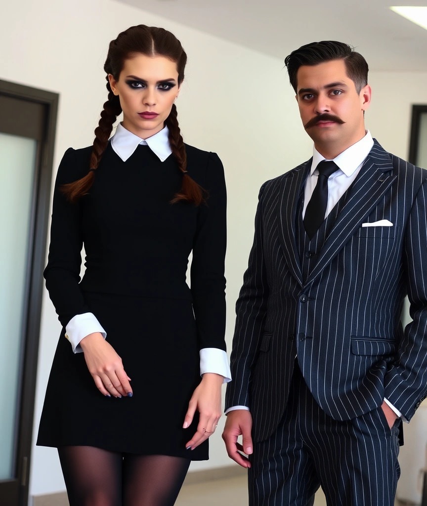 Costume per carnevale in coppia ispirato alla Famiglia Addams. Lei veste un abito nero con colletto bianco e trecce in stile Mercoledì Addams, mentre lui sfoggia un elegante completo gessato con cravatta nera, perfetto per un look gotico e sofisticato