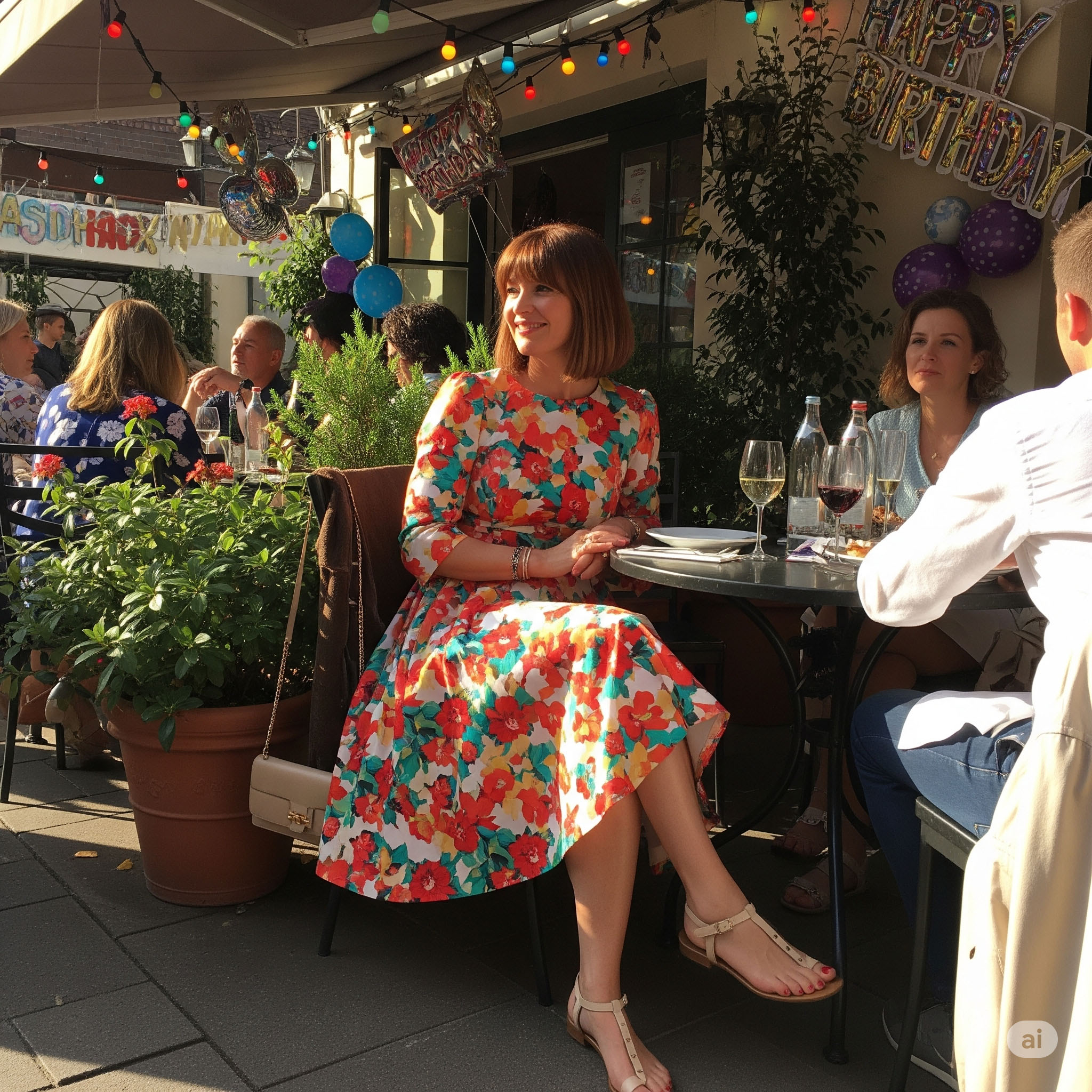 Donna festeggia i suoi 50 anni con un abito midi a fiori colorato durante un pranzo di compleanno in un ristorante all'aperto.

