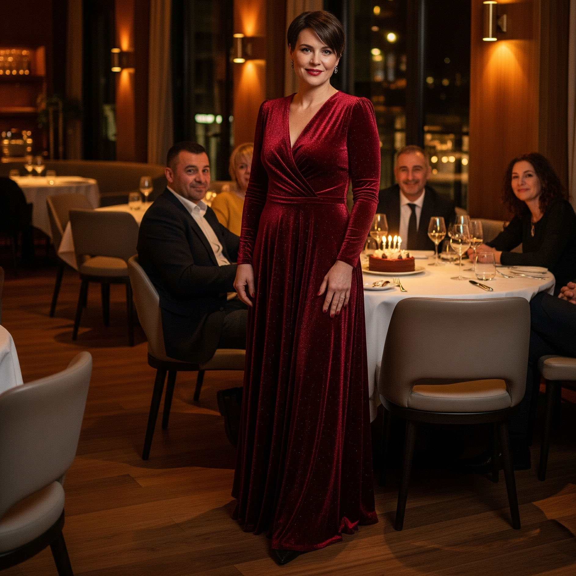 Donna festeggia i suoi 50 anni in un ristorante elegante, indossando un abito da sera lungo in velluto rosso per la sua festa.

